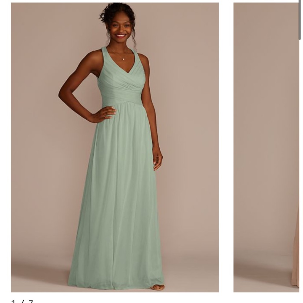David’s Bridal bridesmaid dress. DUSTY SAGE